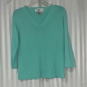 Joseph A. Light Teal V-Neck Shirt w/ Scalloped Edge Detail